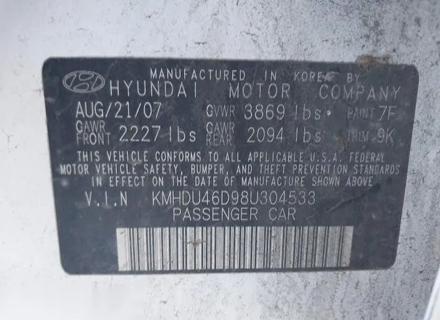 KMHDU46D98U304533 2008 2008 Hyundai Elantra- Gls/Se 9