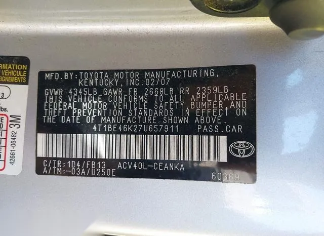 4T1BE46K27U657911 2007 2007 Toyota Camry- LE 9