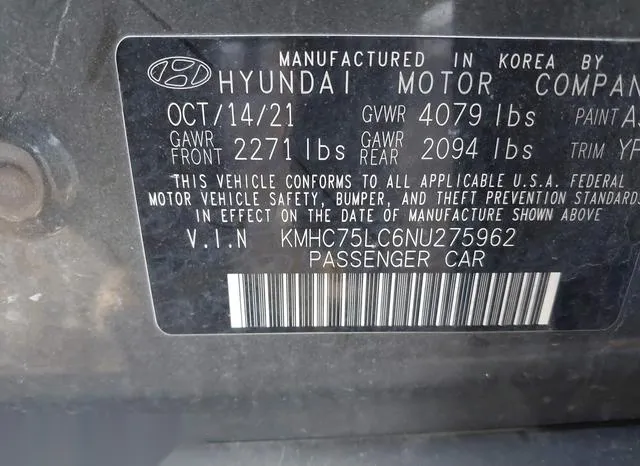 KMHC75LC6NU275962 2022 2022 Hyundai Ioniq- Hybrid SE 9