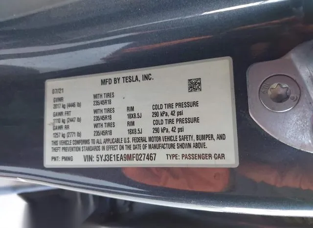 5YJ3E1EA9MF027467 2021 2021 Tesla Model 3- Standard Range P 9