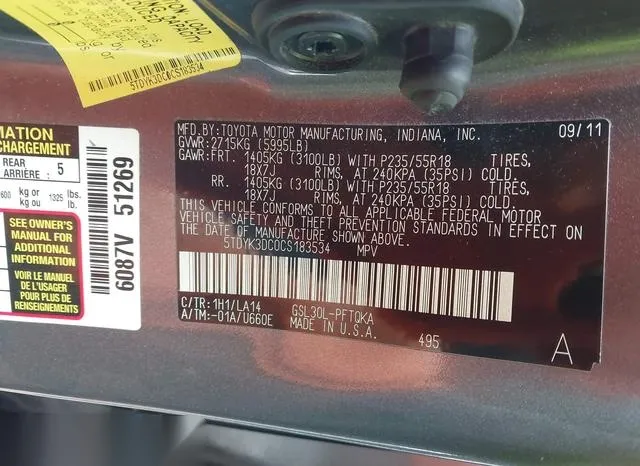 5TDYK3DC0CS183534 2012 2012 Toyota Sienna- Xle/Limited 9