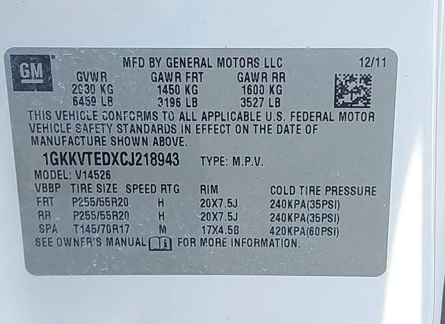 1GKKVTEDXCJ218943 2012 2012 GMC Acadia- Denali 9