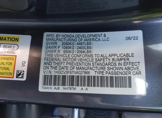 1HGCV3F97NA027866 2022 2022 Honda Accord- Hybrid Touring 9