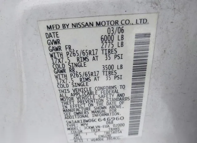 5N1AR18W06C646960 2006 2006 Nissan Pathfinder- LE 9