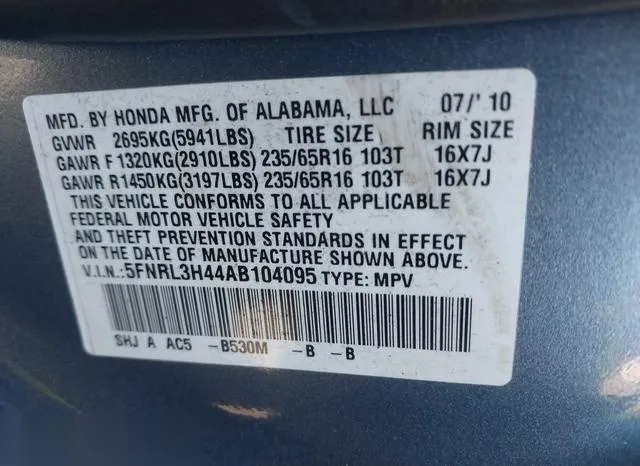 5FNRL3H44AB104095 2010 2010 Honda Odyssey- EX 9