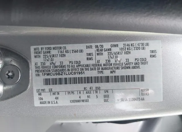 1FMCU9BZ1LUC01951 2020 2020 Ford Escape- Se Sport Hybrid 9