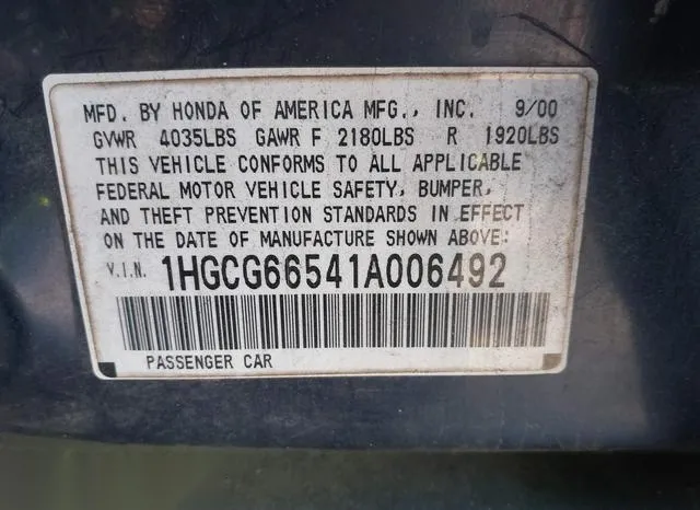 1HGCG66541A006492 2001 2001 Honda Accord- 2-3 LX 9