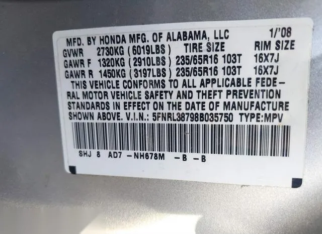 5FNRL38798B035750 2008 2008 Honda Odyssey- Ex-L 9