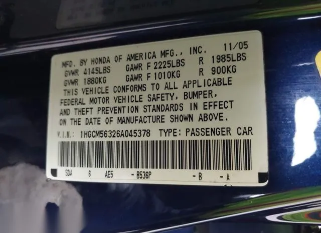 1HGCM56326A045378 2006 2006 Honda Accord- 2-4 SE 9