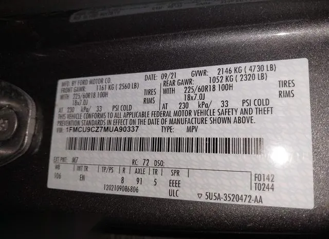 1FMCU9CZ7MUA90337 2021 2021 Ford Escape- Sel Hybrid 9