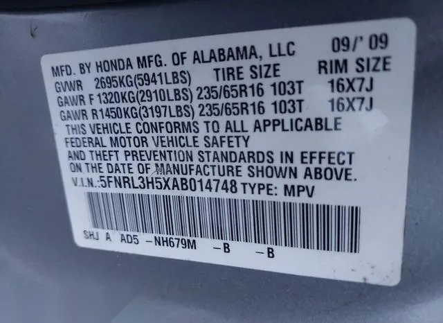 5FNRL3H5XAB014748 2010 2010 Honda Odyssey- EX 9