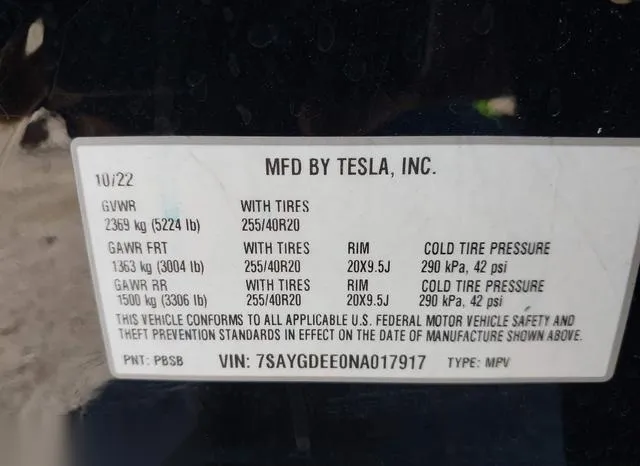 7SAYGDEE0NA017917 2022 2022 Tesla MODEL Y 9