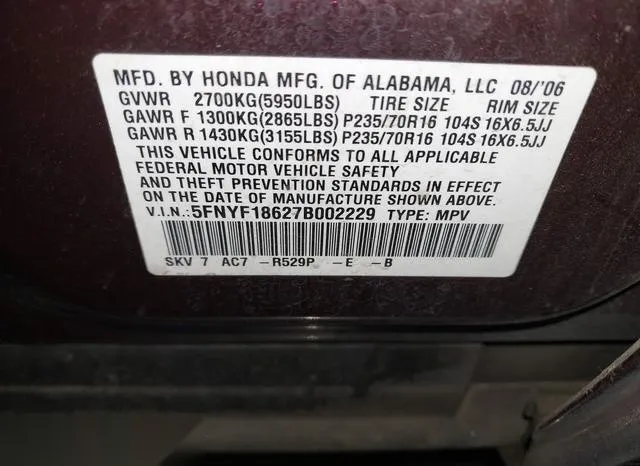 5FNYF18627B002229 2007 2007 Honda Pilot- Ex-L 9