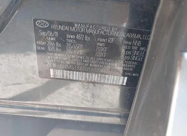 5NMS33AD2LH170612 2020 2020 Hyundai Santa Fe- Sel 9