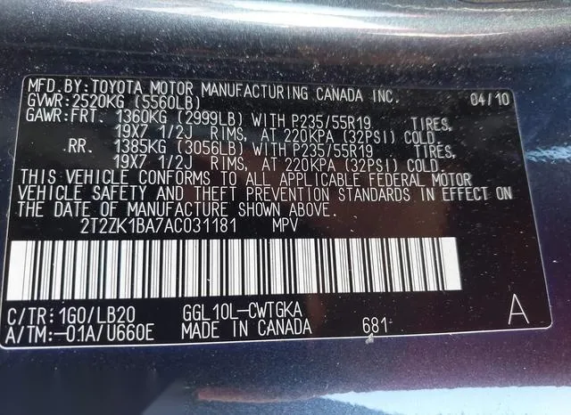 2T2ZK1BA7AC031181 2010 2010 Lexus RX- 350 9