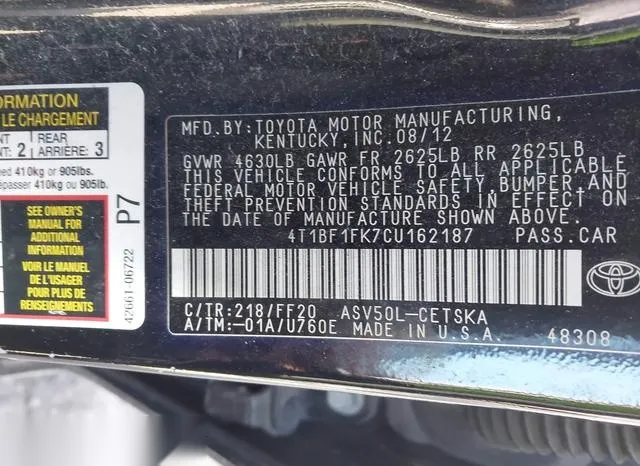 4T1BF1FK7CU162187 2012 2012 Toyota Camry- SE 9