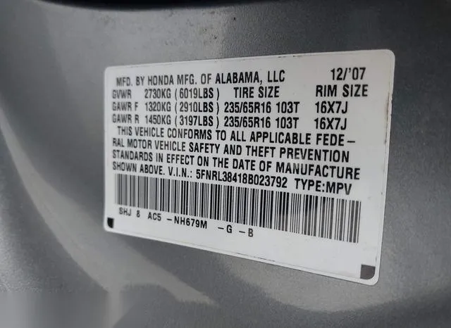 5FNRL38418B023792 2008 2008 Honda Odyssey- EX 9