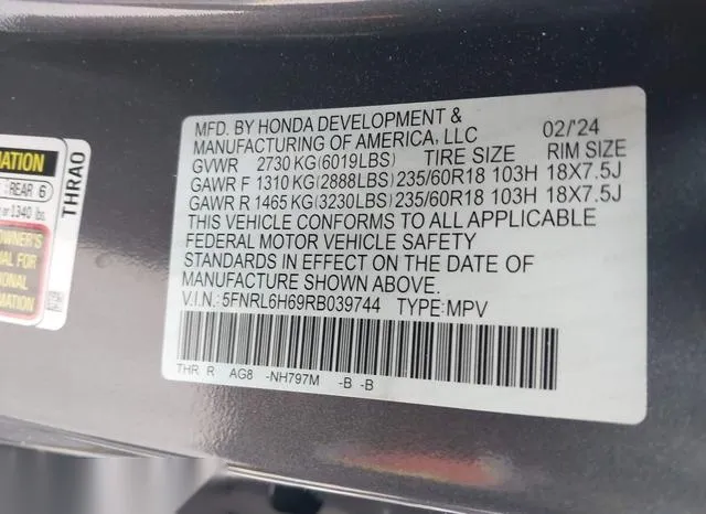 5FNRL6H69RB039744 2024 2024 Honda Odyssey- Ex-L 9