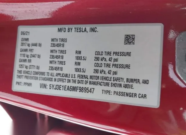 5YJ3E1EA6MF989547 2021 2021 Tesla Model 3- Standard Range P 9