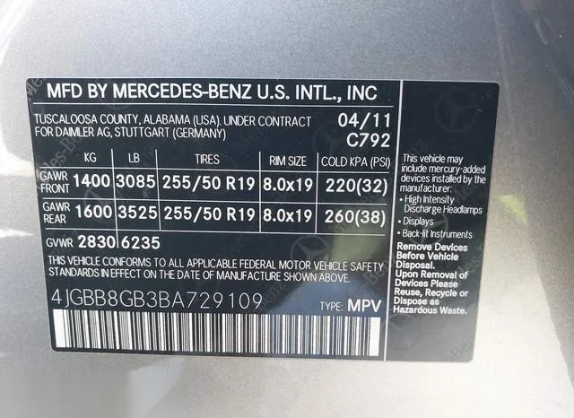 4JGBB8GB3BA729109 2011 2011 Mercedes-Benz ML 350- 4Matic 9