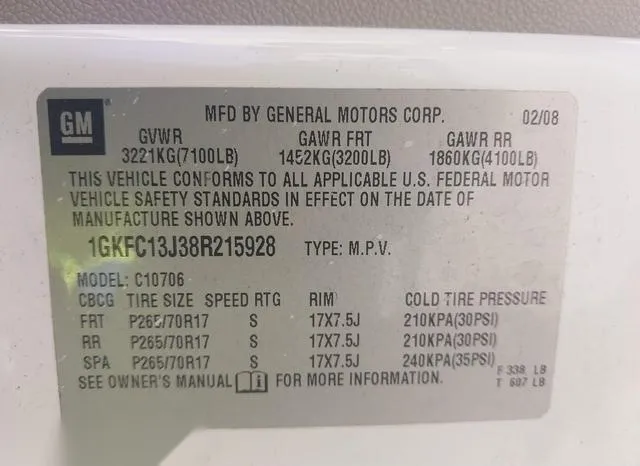 1GKFC13J38R215928 2008 2008 GMC Yukon- Slt 9