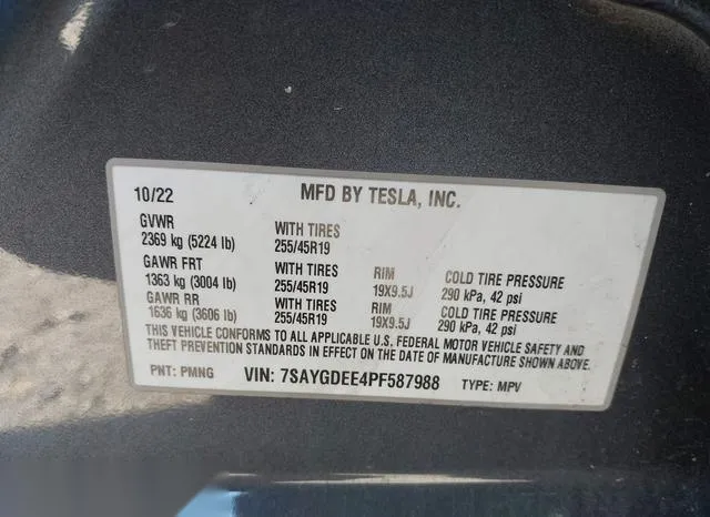 7SAYGDEE4PF587988 2023 2023 Tesla Model Y- Awd/Long Range D 9