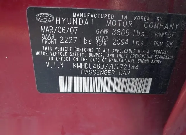 KMHDU46D77U172144 2007 2007 Hyundai Elantra 9