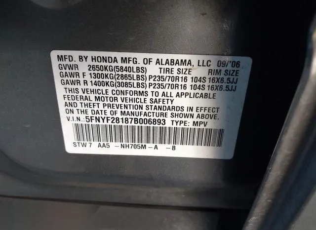 5FNYF28187B006893 2007 2007 Honda Pilot- LX 9