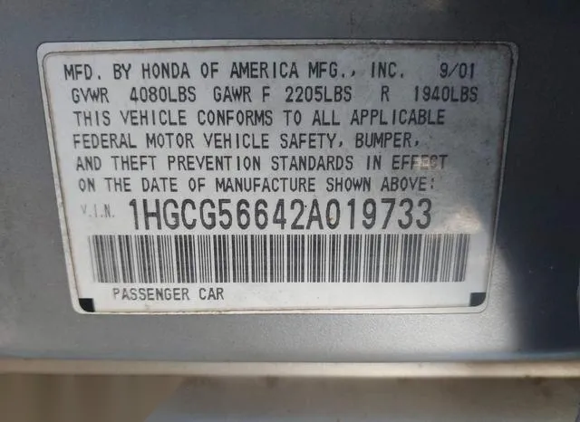 1HGCG56642A019733 2002 2002 Honda Accord- Sedan 9