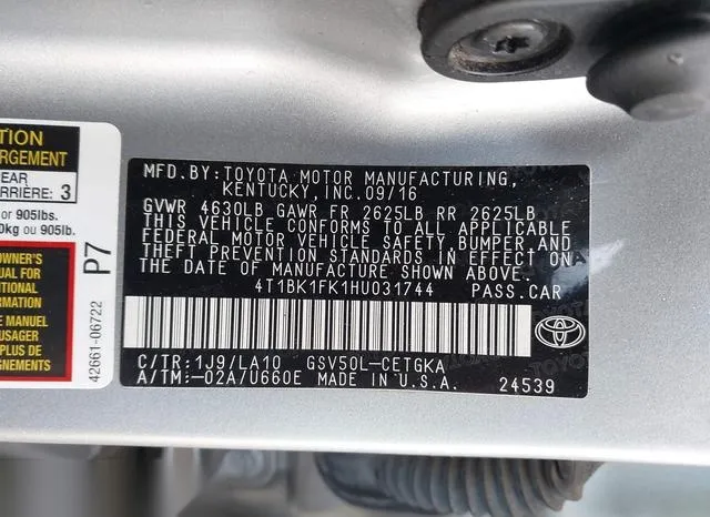 4T1BK1FK1HU031744 2017 2017 Toyota Camry- Xle V6 9