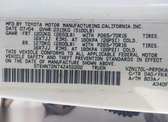 5TEHN72N74Z452202 2004 2004 Toyota Tacoma- Base V6 9