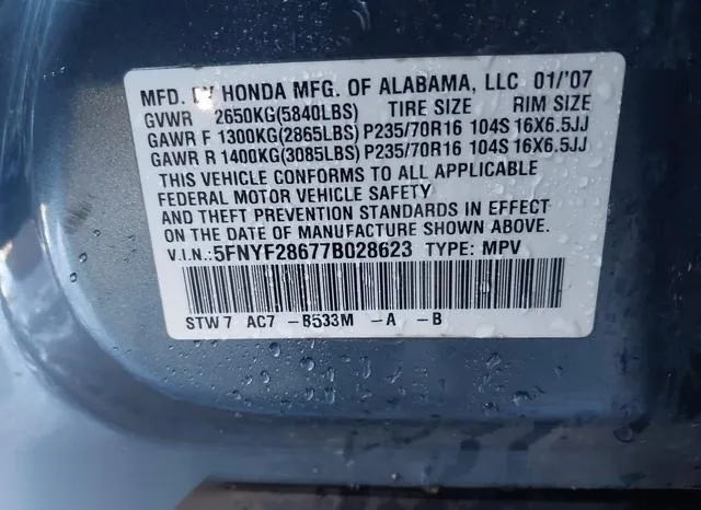 5FNYF28677B028623 2007 2007 Honda Pilot- Ex-L 9