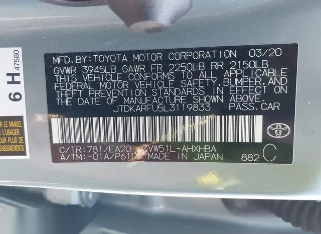 JTDKARFU5L3119833 2020 2020 Toyota Prius- Xle 9