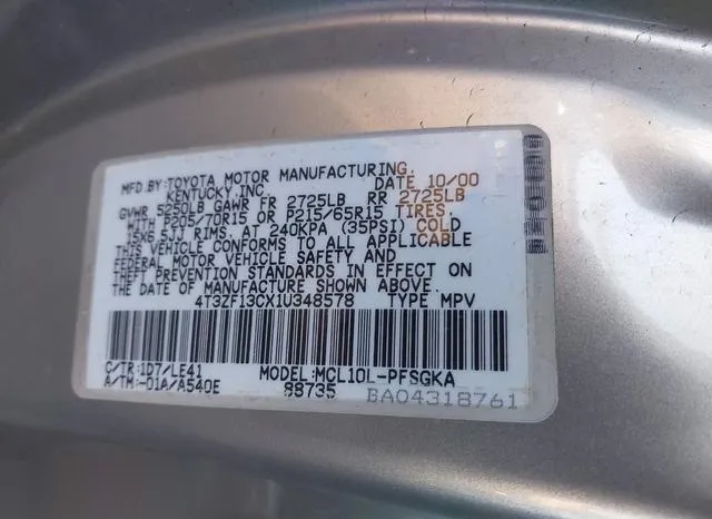 4T3ZF13CX1U348578 2001 2001 Toyota Sienna- Xle 9