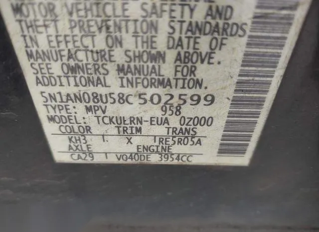 5N1AN08U58C502599 2008 2008 Nissan Xterra- S 9