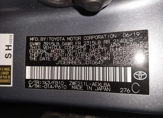 JTDEBRBE5LJ010647 2020 2020 Toyota Corolla- Hybrid Le 9