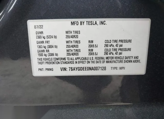 7SAYGDEE0NA007128 2022 2022 Tesla Model Y- Long Range Dual 9