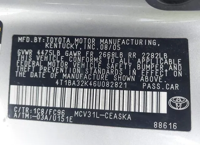 4T1BA32K46U082821 2006 2006 Toyota Camry- Se V6 9