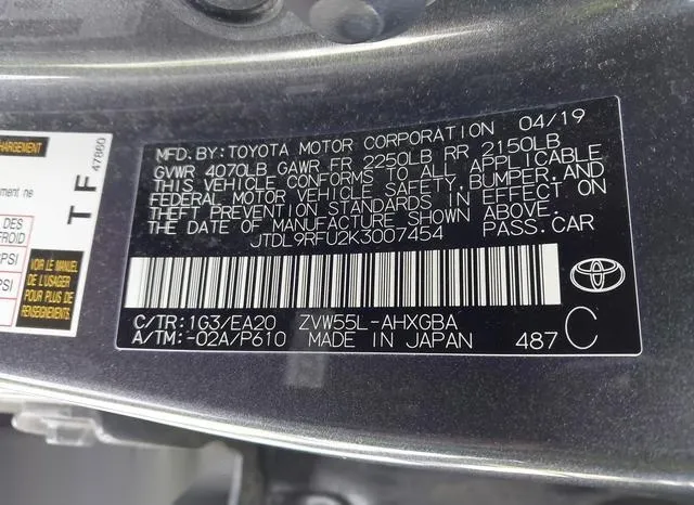 JTDL9RFU2K3007454 2019 2019 Toyota Prius- Xle 9