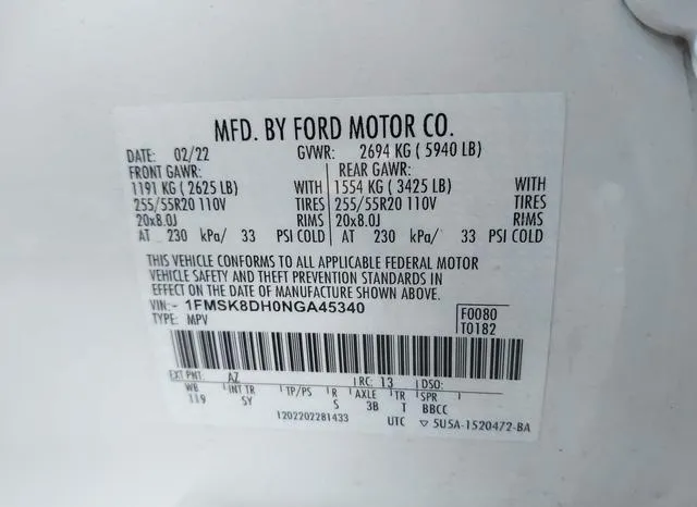 1FMSK8DH0NGA45340 2022 2022 Ford Explorer- Xlt 9