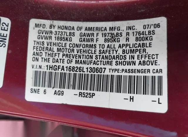 1HGFA16826L130607 2006 2006 Honda Civic- EX 9