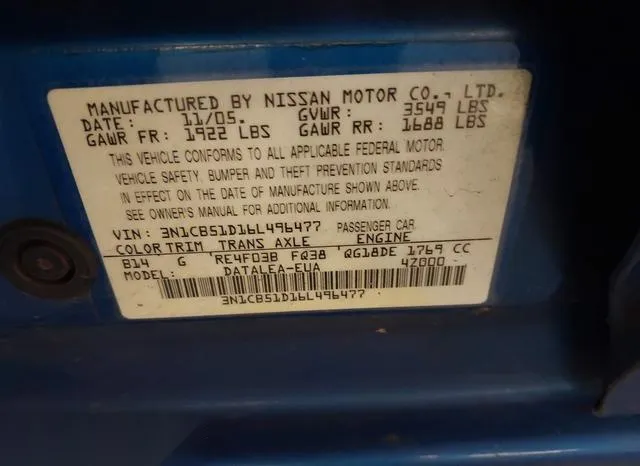 3N1CB51D16L496477 2006 2006 Nissan Sentra- 1-8S 9