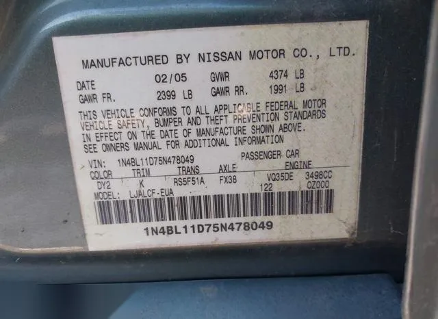 1N4BL11D75N478049 2005 2005 Nissan Altima- 3-5 SE 9