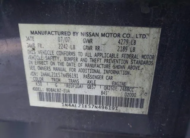 1N4AL21E57N496191 2007 2007 Nissan Altima- 2-5 S 9