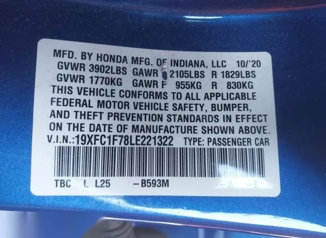 19XFC1F78LE221322 2020 2020 Honda Civic- Ex-L 9