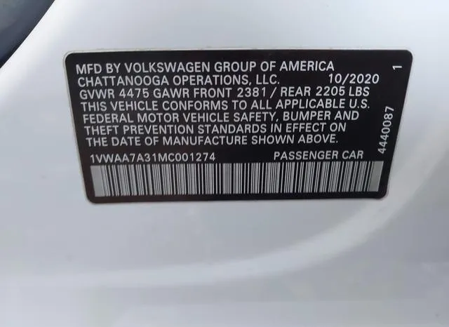 1VWAA7A31MC001274 2021 2021 Volkswagen Passat- 2-0T S 9