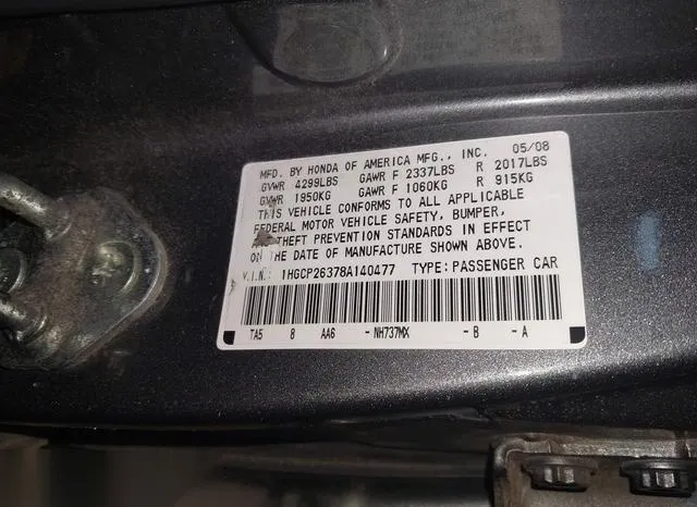 1HGCP26378A140477 2008 2008 Honda Accord- 2-4 LX 9