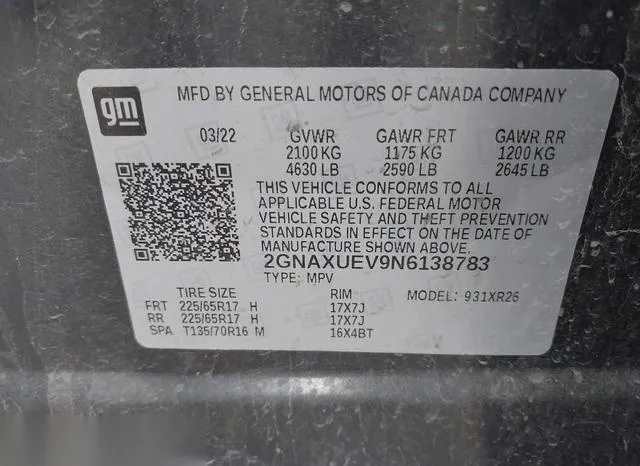 2GNAXUEV9N6138783 2022 2022 Chevrolet Equinox- Awd Lt 9