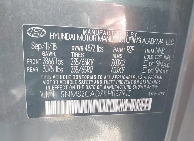 5NMS2CAD7KH037913 2019 2019 Hyundai Santa Fe- SE 9