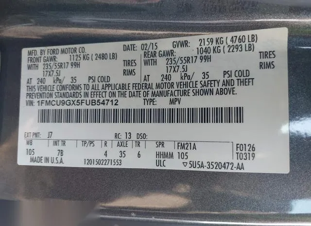 1FMCU9GX5FUB54712 2015 2015 Ford Escape- SE 9